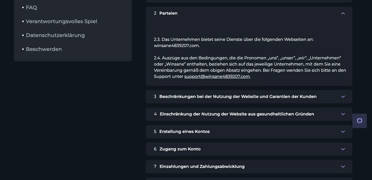 Abschnitt Parteien in den Bedingungen von Winsane ohne Angabe einer Betreiberin