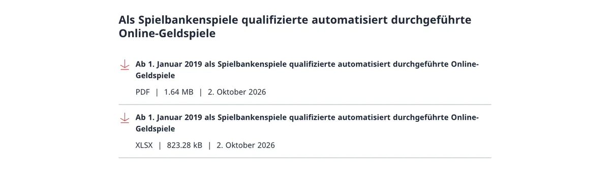 Seite der ESBK mit den Listen der automatisierten und live durchgeführten Online-Geldspiele, Stand 2. Oktober 2026