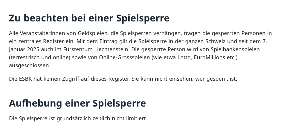 ESBK-Seite zur Spielsperre: Geltung in der ganzen Schweiz und seit 7. Januar 2025 in Liechtenstein