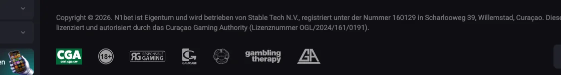 Fusszeile von N1Bet mit Betreiberin Stable Tech N.V., Registernummer 160129 und Lizenzangabe aus Curaçao, Stand Oktober 2026