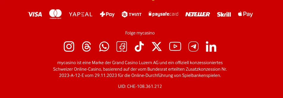 Fusszeile von mycasino.ch mit Betreiberin Grand Casino Luzern AG und Zusatzkonzession Nr. 2023-A-12-E