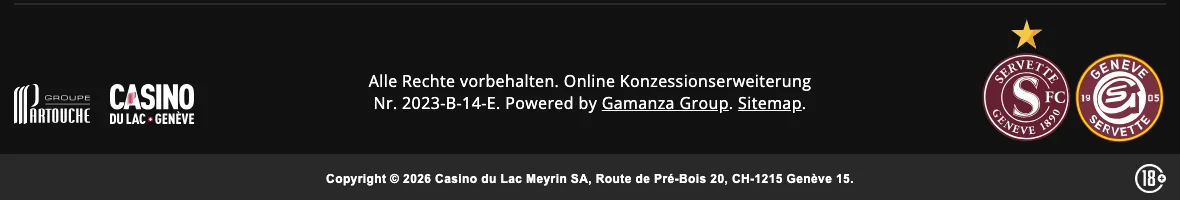 Fusszeile von PASINO.ch mit Konzessionserweiterung Nr. 2023-B-14-E, Plattform Gamanza und Adresse der Casino du Lac Meyrin SA, Stand Oktober 2026