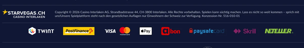 Fusszeile von StarVegas mit Betreiberin Casino Interlaken AG und Konzession 516-010-01, Stand Oktober 2026