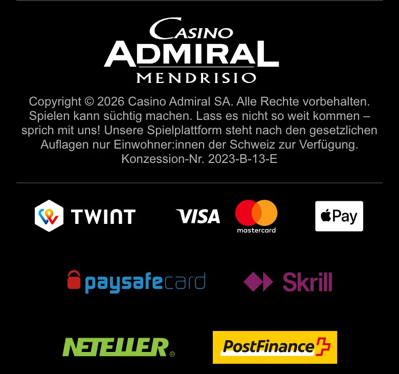 Fusszeile von admiral.ch in der mobilen Ansicht mit Casino Admiral SA, Konzession-Nr. 2023-B-13-E und den Zahlungsmitteln, Stand Oktober 2026