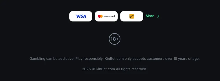 Fusszeile von Kinbet mit Altershinweis 18+ und Copyright, ohne Betreiberin und Lizenzsiegel, Stand Oktober 2026