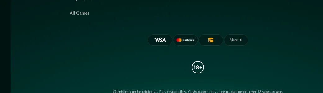 Fusszeile von Cashed mit Altershinweis und Copyright, ohne Angaben zu Betreiber oder Lizenz, Stand Oktober 2026