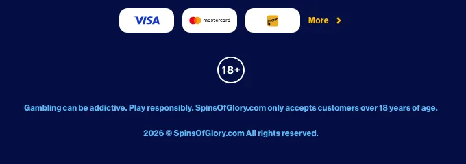 Fusszeile von Spins of Glory mit Altershinweis 18+ und Copyright, ohne Betreiberin und Lizenz