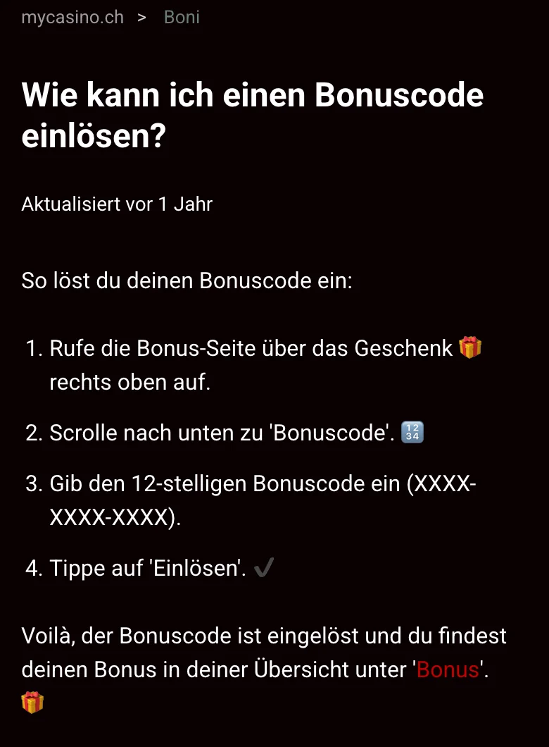 Hilfe von mycasino zum Bonuscode: Geschenksymbol, Feld «Bonuscode» mit 12 Zeichen und «Einlösen», Stand Oktober 2026