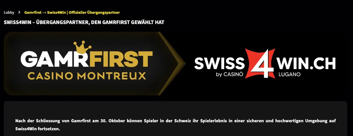 Swiss4Win nennt sich Übergangspartner nach der Schliessung von Gamrfirst am 30. Oktober, Stand Oktober 2026