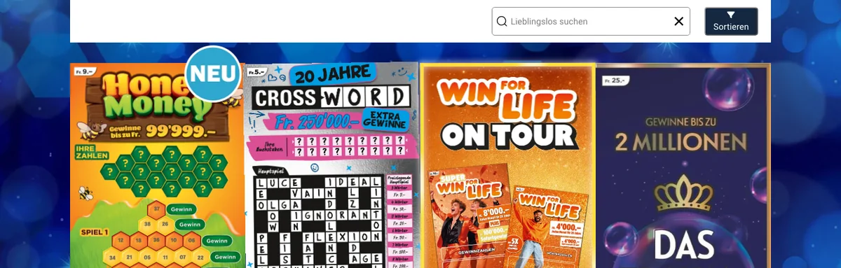 Sortiment der Rubbellose auf swisslos.ch mit Honey Money, Crossword, Win for Life und Das Traum-Los, Stand Oktober 2026