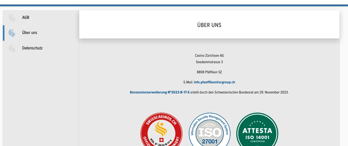 Seite «Über uns» von Swiss Casinos mit Casino Zürichsee AG, Seedammstrasse 3 in Pfäffikon SZ und Konzessionserweiterung Nr. 2023-B-17-E