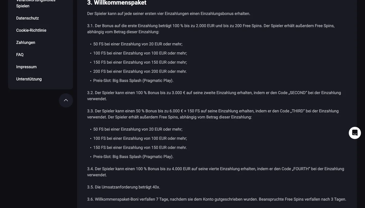 Bonusbedingungen von SlotLounge mit den vier Stufen des Willkommenspakets und Umsatz 40x