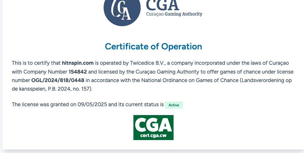 Zertifikat der Curaçao Gaming Authority für hitnspin.com mit Betreiberin und Lizenzstatus, Oktober 2026