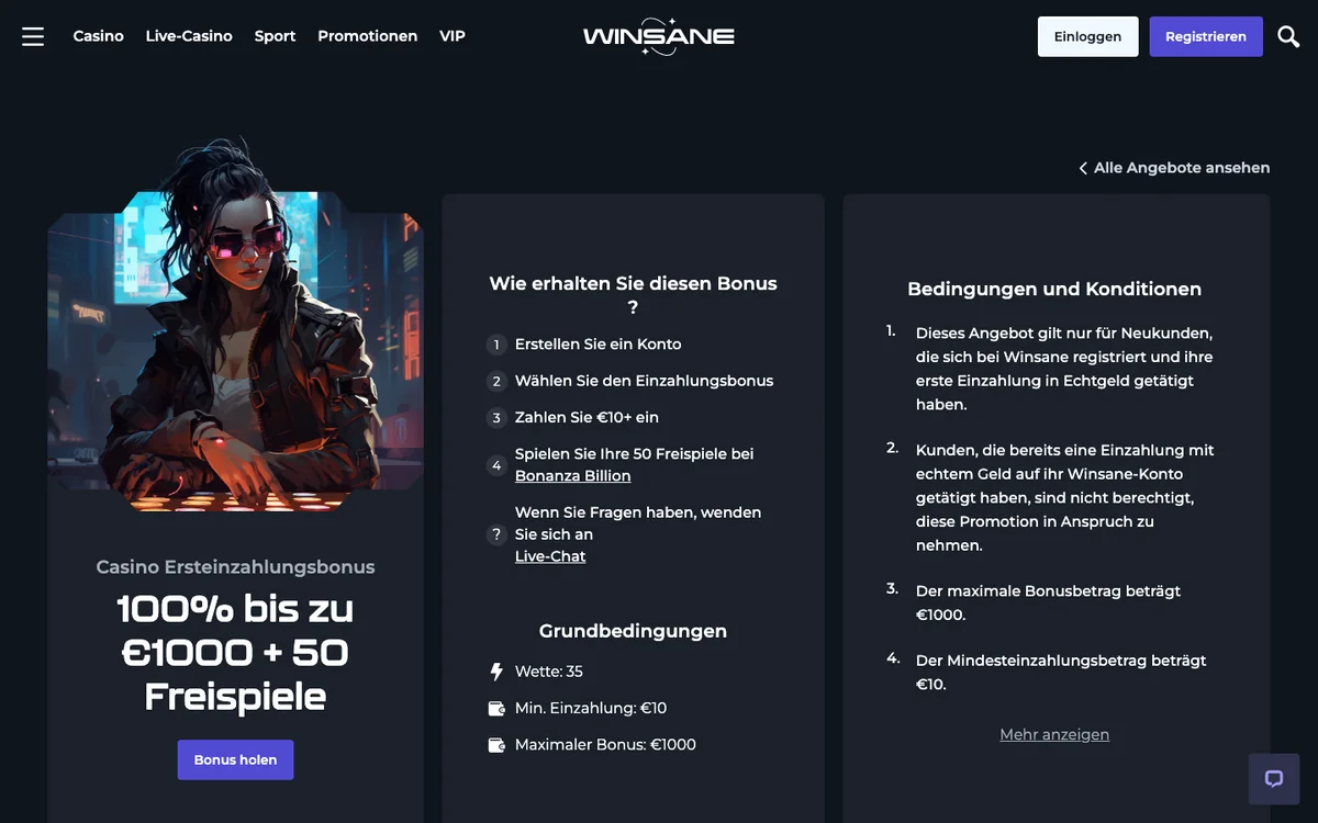 Ersteinzahlungsbonus von Winsane: 100 Prozent bis EUR 1'000 plus 50 Freispiele, Umsatz 35x
