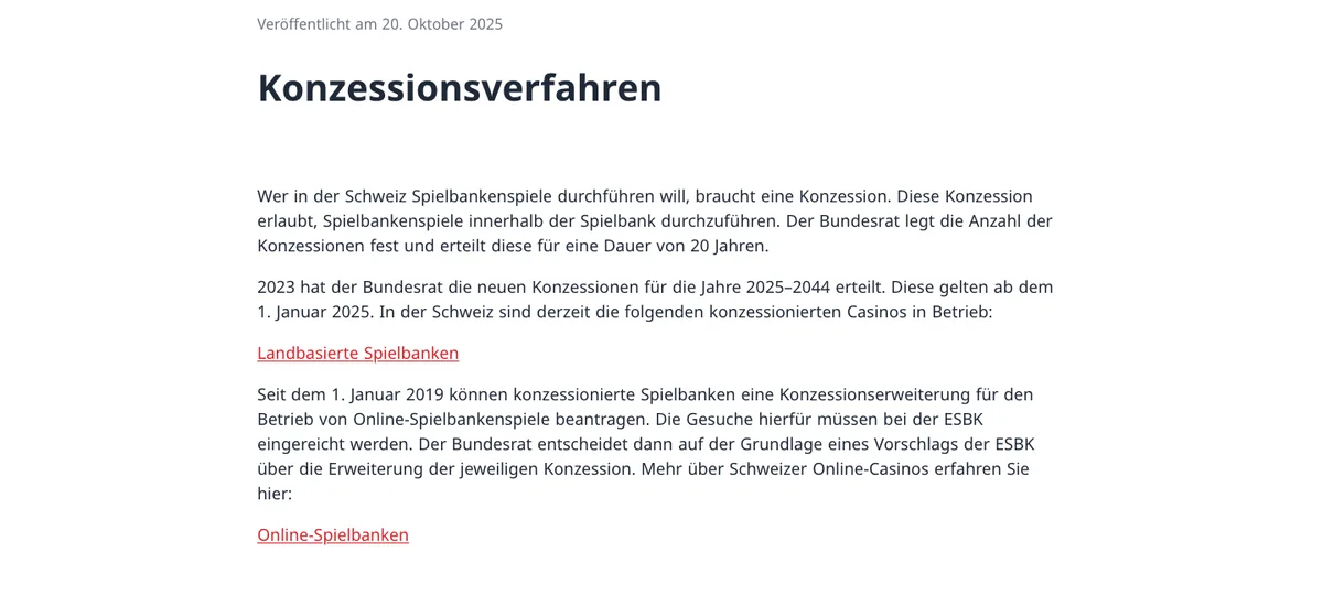 ESBK zum Konzessionsverfahren: Konzessionen für 20 Jahre, 2025 bis 2044