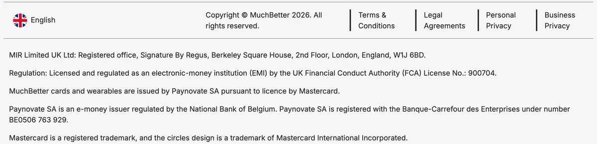 Fusszeile von muchbetter.com mit MIR Limited UK Ltd und FCA-Lizenz 900704