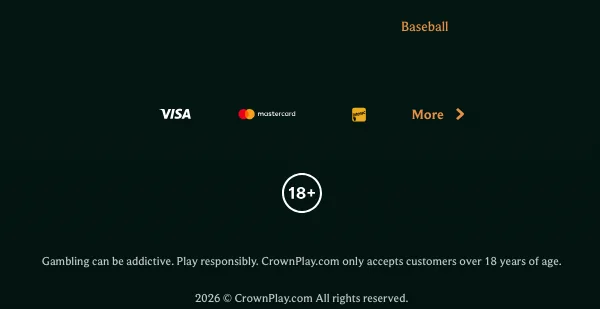 Fusszeile von CrownPlay mit Copyright-Zeile, ohne Angabe von Betreiber und Lizenz, Stand Oktober 2026