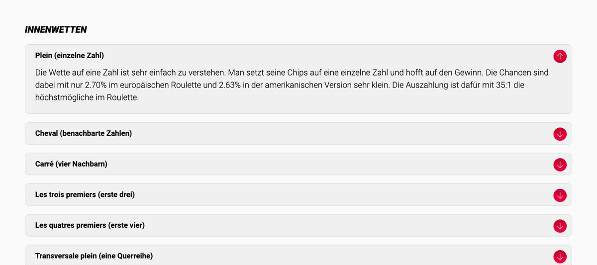 Regelseite von Jackpots.ch: Innenwette Plein auf eine einzelne Zahl mit Auszahlung 35 zu 1
