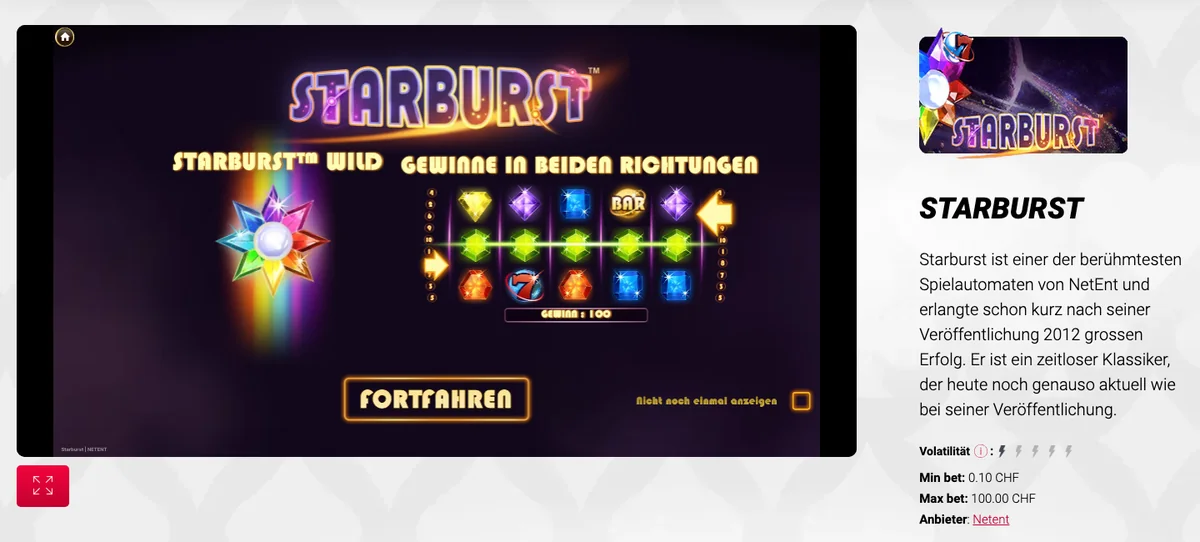 Starburst bei Jackpots.ch: Min bet CHF 0.10, Max bet CHF 100, Anbieter NetEnt, Stand Oktober 2026