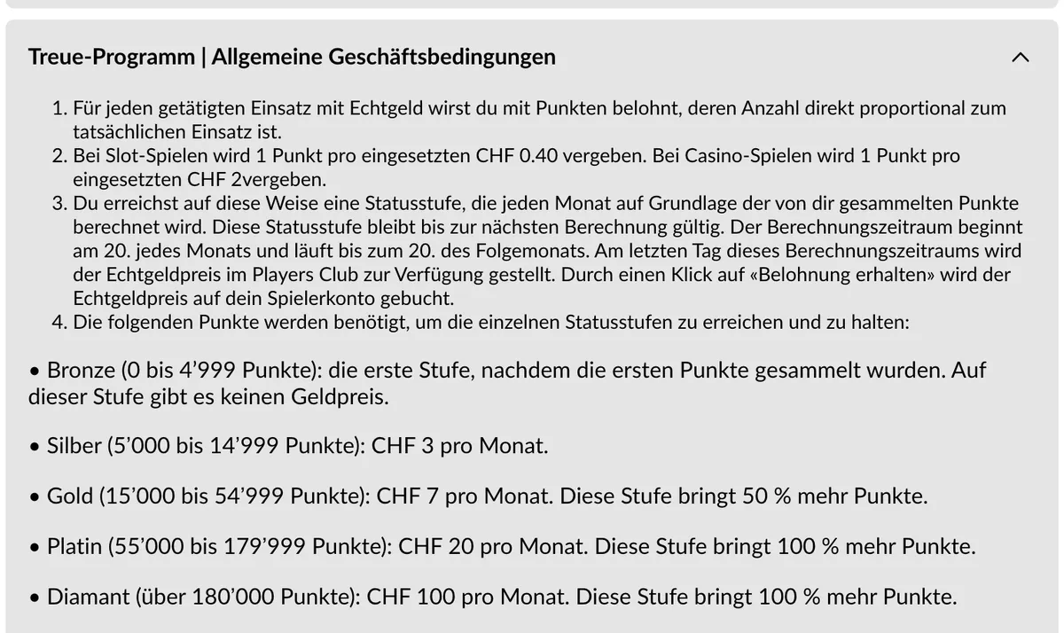 Treueprogramm von StarVegas: 1 Punkt pro CHF 0.40 an Slots, Stufen von Bronze bis Diamant mit bis CHF 100 pro Monat, Stand Oktober 2026