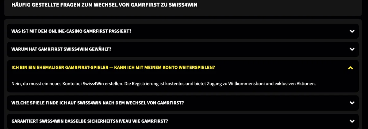 Swiss4Win-FAQ: ehemalige Gamrfirst-Spieler brauchen ein neues Konto