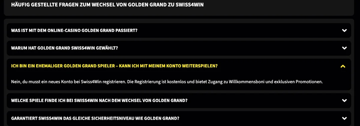 Swiss4Win-FAQ: ehemalige Golden-Grand-Spieler brauchen ein neues Konto