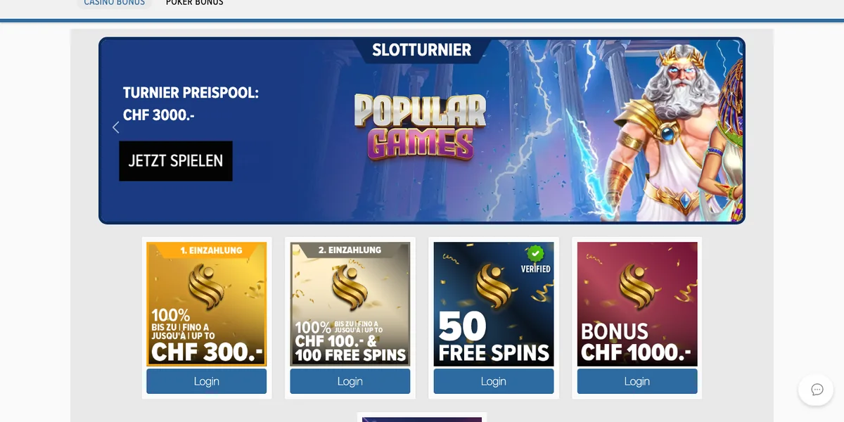 Welcome Bonus von Swiss Casinos bis CHF 1'400 auf der Bonusseite, Stand Oktober 2026