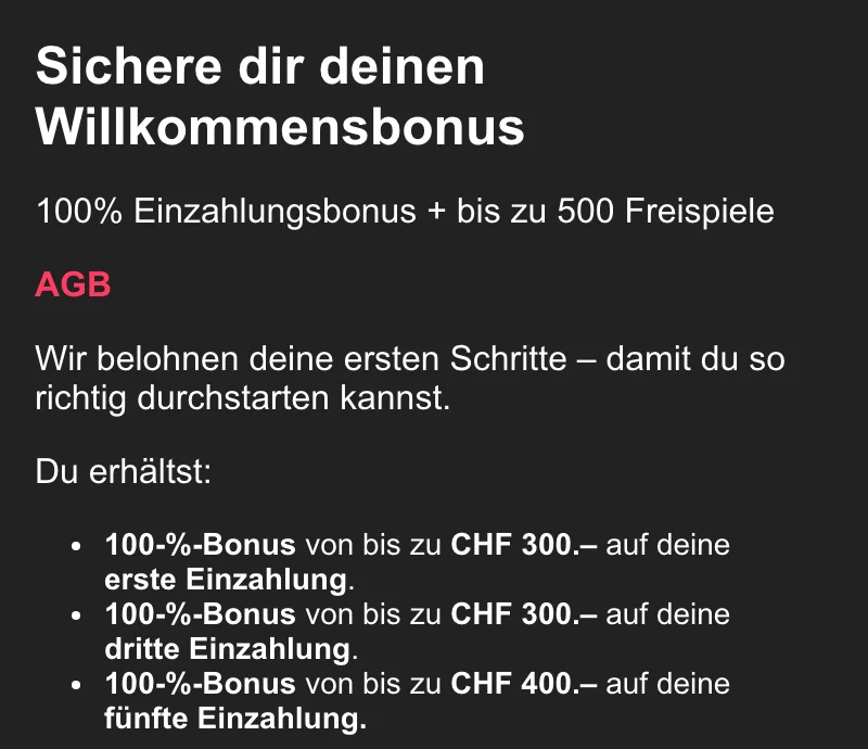 Willkommensbonus von Admiral: je 100 Prozent bis CHF 300 auf die erste und dritte, bis CHF 400 auf die fünfte Einzahlung, Stand Oktober 2026