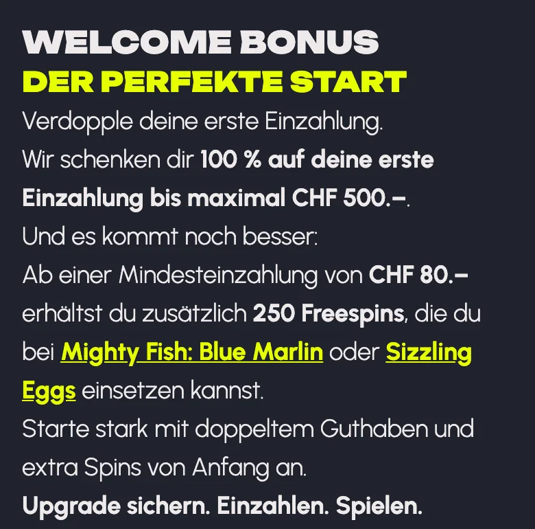 Willkommensbonus von Casineo in der mobilen Ansicht: 100 Prozent bis CHF 500 und 250 Freespins ab CHF 80 Einzahlung, Stand Oktober 2026