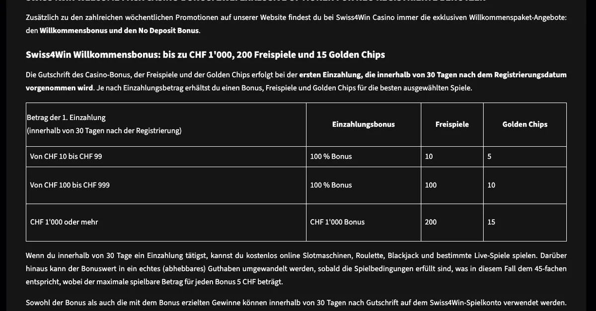 Willkommensbonus von Swiss4Win: 100 Prozent bis CHF 1'000, 200 Freispiele und 15 Golden Chips, Stand Oktober 2026