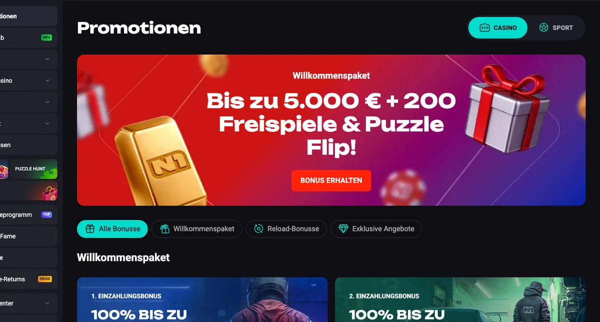 Willkommenspaket von N1Bet laut Aktionsseite: bis EUR 5'000 und 200 Freispiele in vier Stufen, Stand Oktober 2026