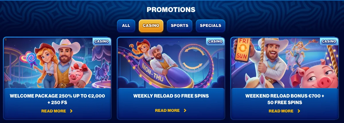 Aktionsseite von Spins of Glory mit Willkommenspaket 250 Prozent bis EUR 2'000 plus 250 Freispiele und Reload-Angeboten, Stand Oktober 2026