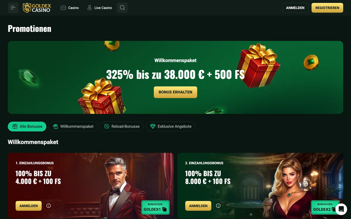 Aktionsseite von Goldex mit Willkommenspaket 325 Prozent bis EUR 38'000 plus 500 Freispiele