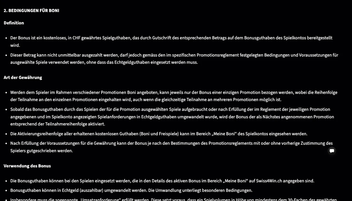 Allgemeine Bonusbedingungen von Swiss4Win: Bonusguthaben, Umwandlung in Echtgeld und Einsatz bei ausgewählten Spielen