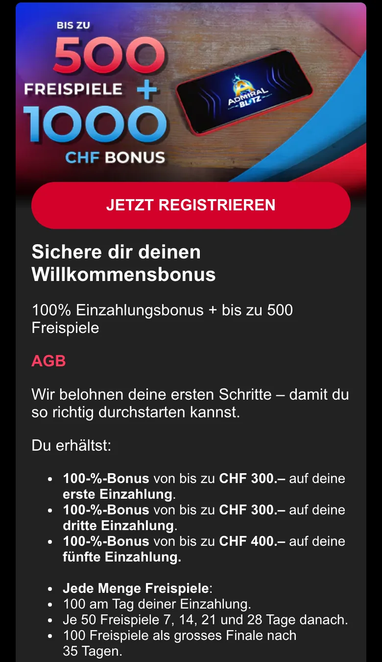 Willkommensangebot von Admiral in der mobilen Ansicht: 100 Freispiele am Einzahlungstag, je 50 nach 7, 14, 21 und 28 Tagen, 100 nach 35 Tagen, Stand Oktober 2026