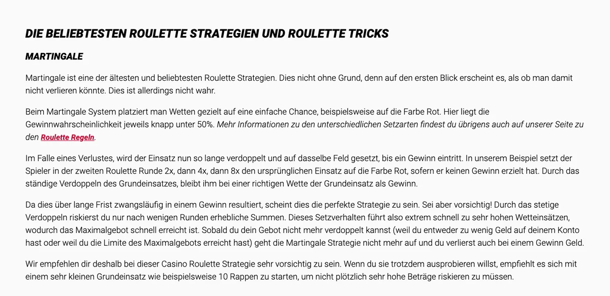 Beschreibung der Martingale-Strategie auf der Ratgeberseite von Jackpots.ch