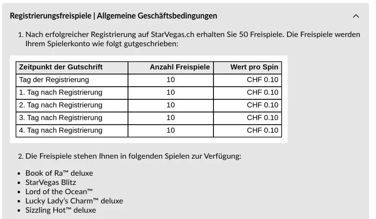 Zeitplan der 50 Freispiele für die Registrierung bei StarVegas: zehn pro Tag zu CHF 0.10, Stand Oktober 2026