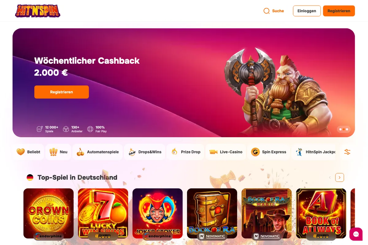 Startseite von HitnSpin (Ansicht aus Deutschland) mit wechselndem Aktionsbanner, hier Wochen-Cashback bis EUR 2'000, Stand Oktober 2026
