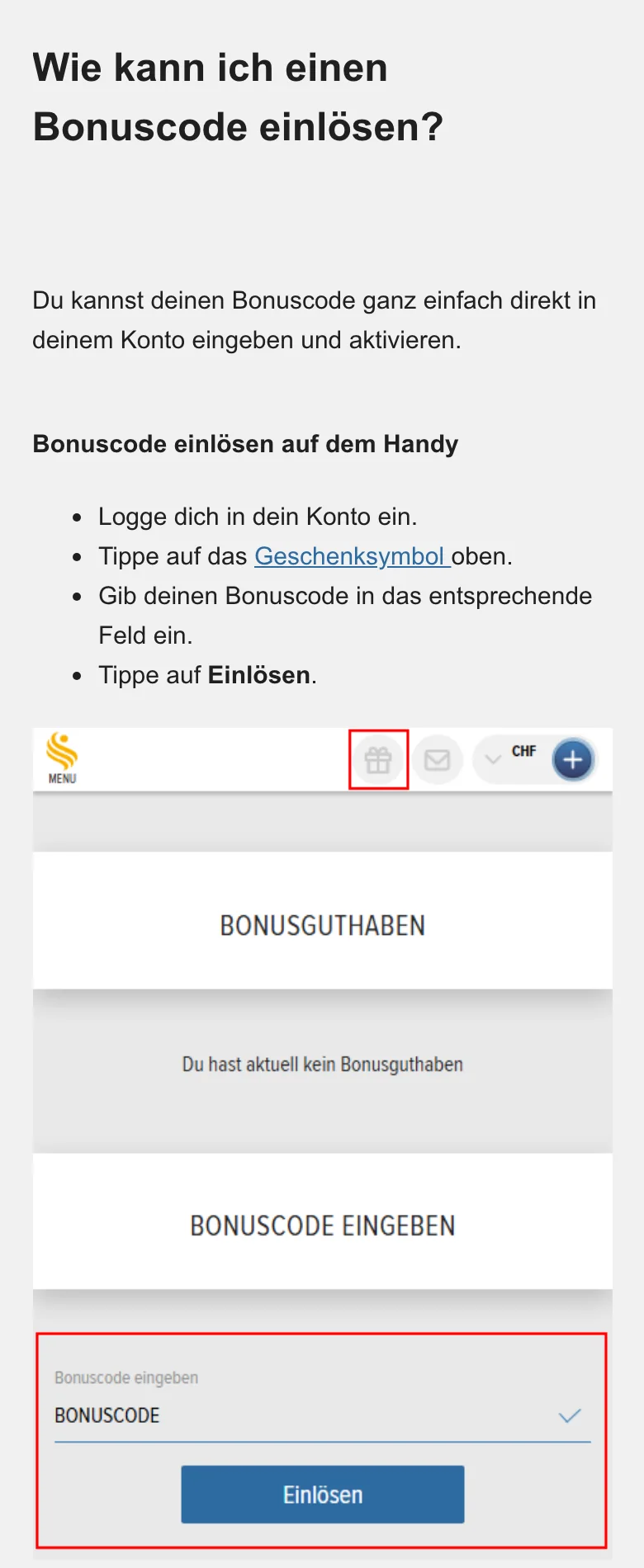 Anleitung von Swiss Casinos zum Einlösen eines Bonuscodes am Handy und am Computer