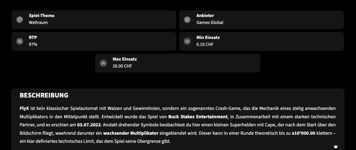 FlyX bei Swiss4Win: RTP 97 Prozent, Einsätze CHF 0.10 bis CHF 20, Anbieter Games Global, Stand Oktober 2026