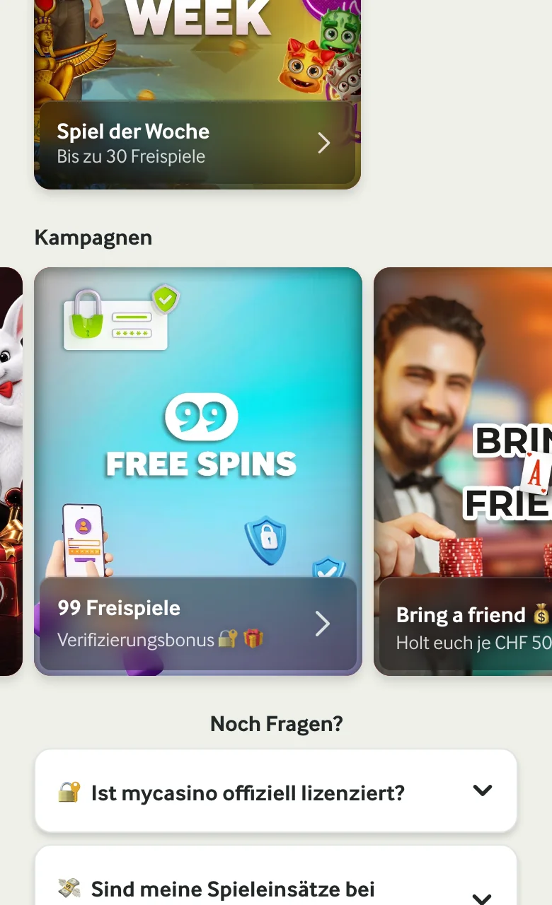 Kachel des Verifizierungsbonus von mycasino mit 99 Freispielen in der mobilen Ansicht, Stand Oktober 2026