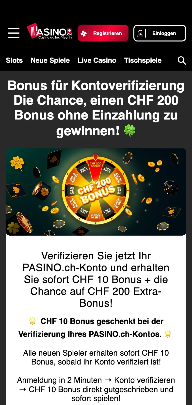 Verifizierungsbonus von PASINO.ch in der mobilen Ansicht: CHF 10 nach bestätigtem Konto und wöchentliche Verlosung von CHF 200, Stand Oktober 2026