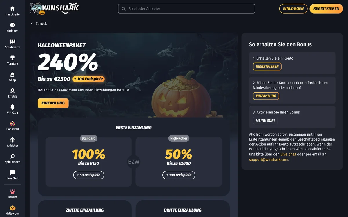 Willkommenspaket von WinShark mit drei Einzahlungsstufen bis EUR 2'500 und 300 Freispielen