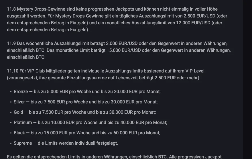 Auszahlungslimits in den AGB von N1Bet: EUR 3'000 pro Woche und EUR 15'000 pro Monat, Ziffer 11.9