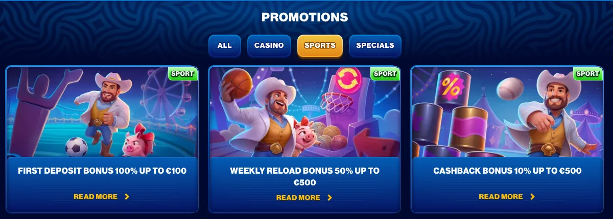 Sport-Aktionen von Spins of Glory mit Ersteinzahlungsbonus, Cashback und Accumulator Boost, Stand Oktober 2026