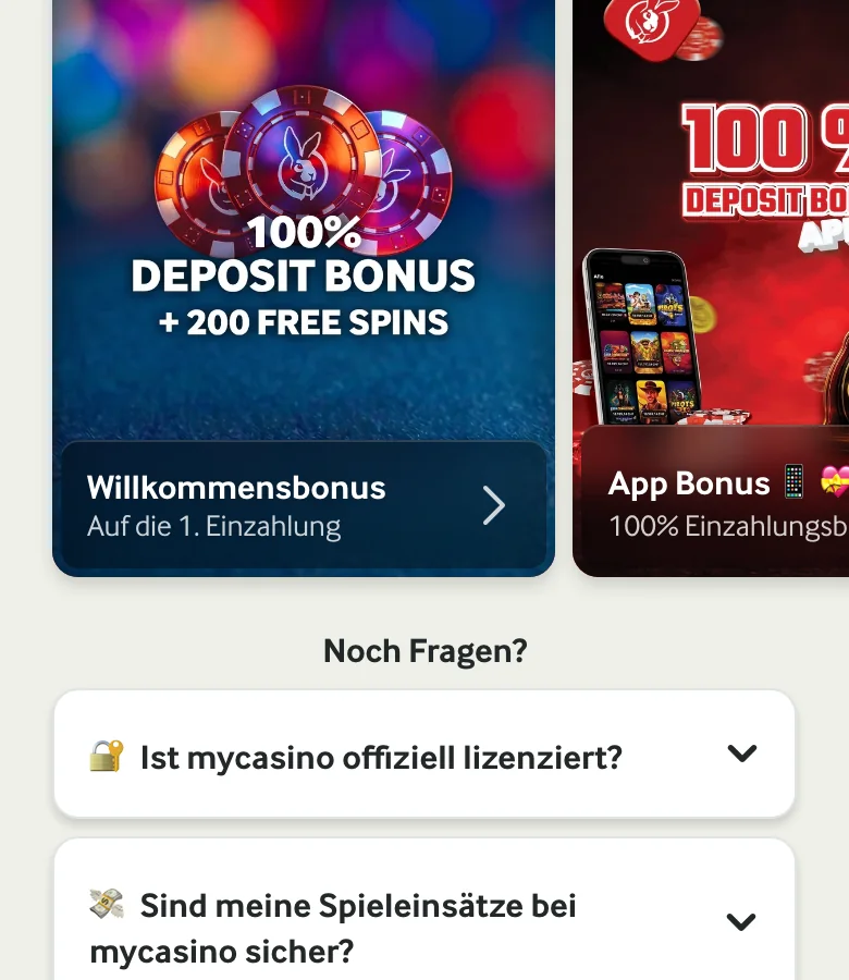 Aktionsübersicht von mycasino in der mobilen Ansicht: Spiel der Woche, Bring a Friend und Geburtstagsbonus, Stand Oktober 2026