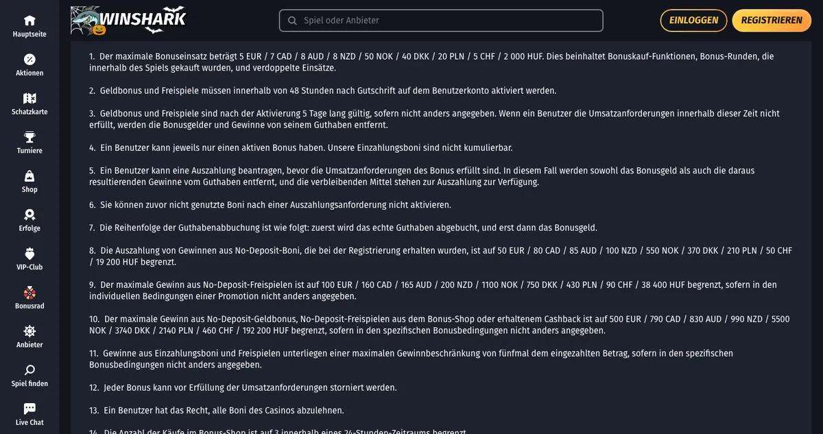 Bonusbedingungen von WinShark: Höchsteinsatz CHF 5 mit Bonus, Aktivierung innert 48 Stunden, 5 Tage Gültigkeit, Stand Oktober 2026