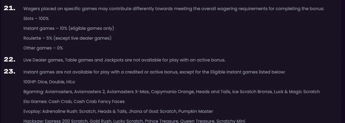 Bonusbedingungen von GlitchSpin: Slots 100 Prozent, Instant Games 10 Prozent, Roulette 5 Prozent, Live und Tischspiele mit Bonus gesperrt