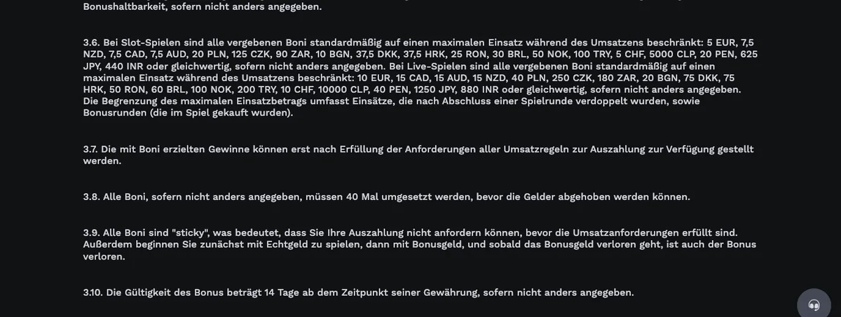 Bonusbedingungen von BetOnRed: Höchsteinsatz bei Slots (Ziffer 3.6) und 40-facher Umsatz aller Boni (Ziffer 3.8), Stand Oktober 2026