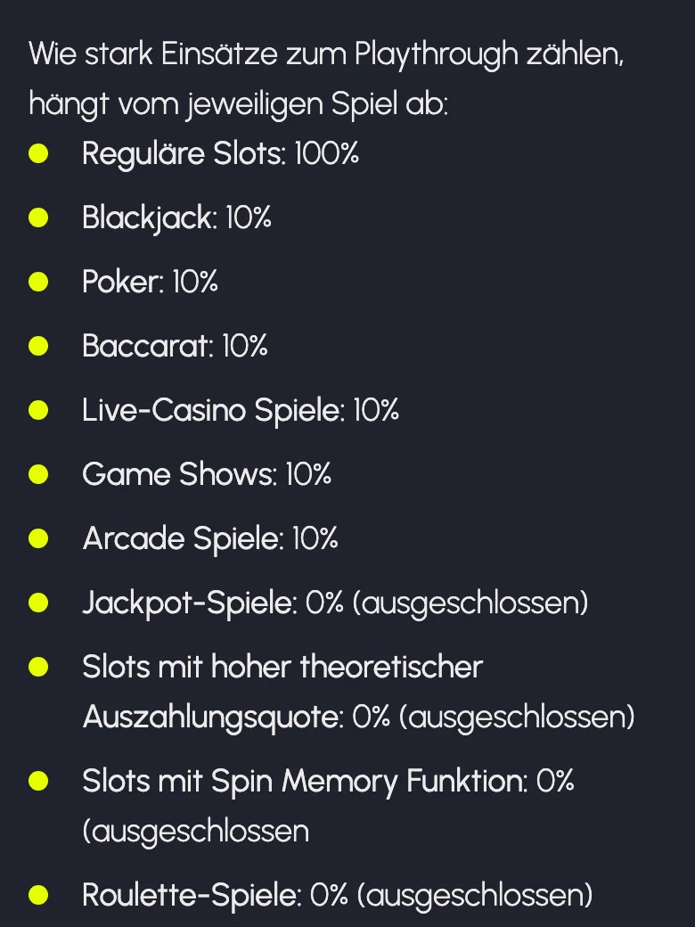 Bonusbedingungen von Casineo: Slots 100 Prozent, Tischspiele und Live 10 Prozent, Jackpot-Spiele und Roulette ausgeschlossen, Stand Oktober 2026